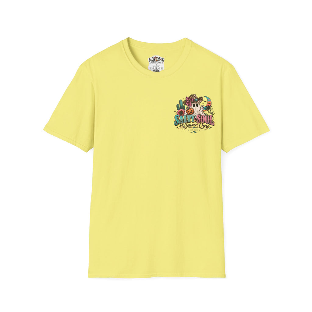 Halloween Crewneck T-Shirt – Spooky Cactus Pumpkin Desert Floral "Salty Soul" Design