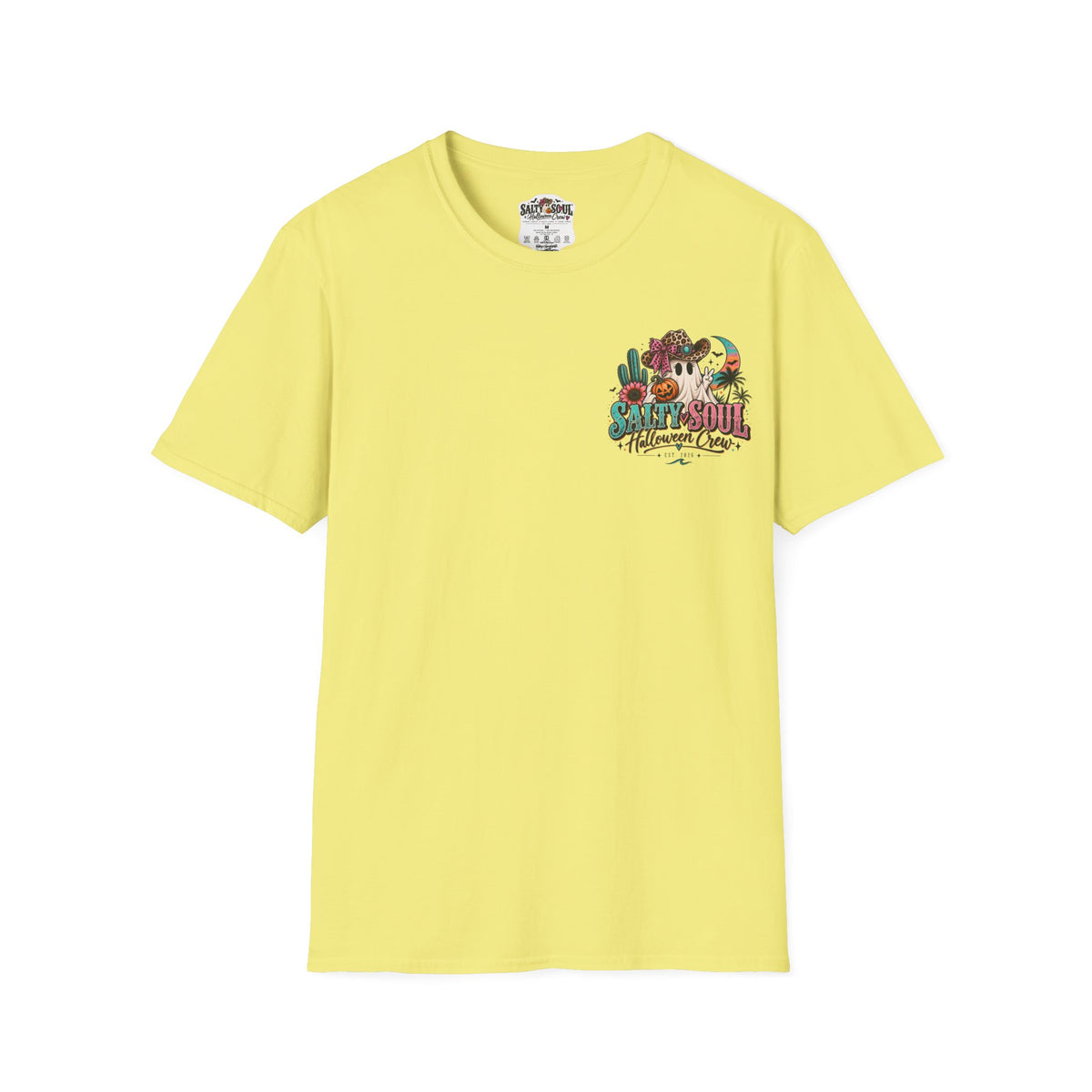 Halloween Crewneck T-Shirt – Spooky Cactus Pumpkin Desert Floral "Salty Soul" Design