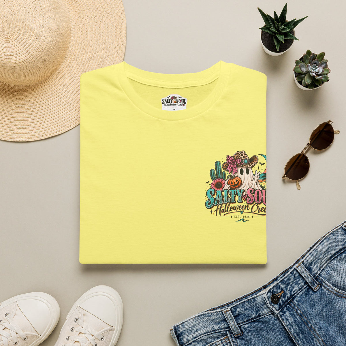 Halloween Crewneck T-Shirt – Spooky Cactus Pumpkin Desert Floral "Salty Soul" Design